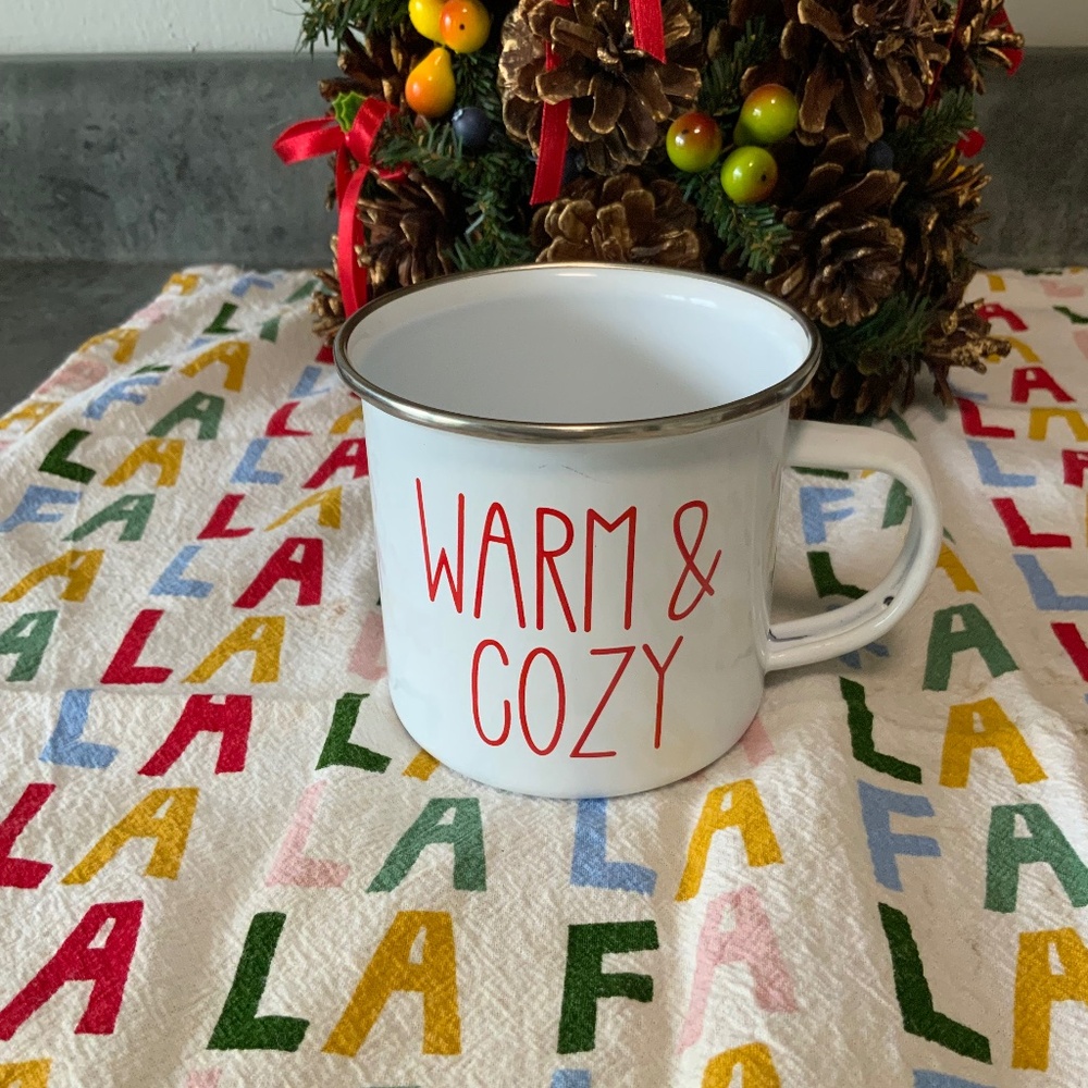 White Enamel Mug With Red Lettering, Warm & Cozy, Winter/Holiday, New